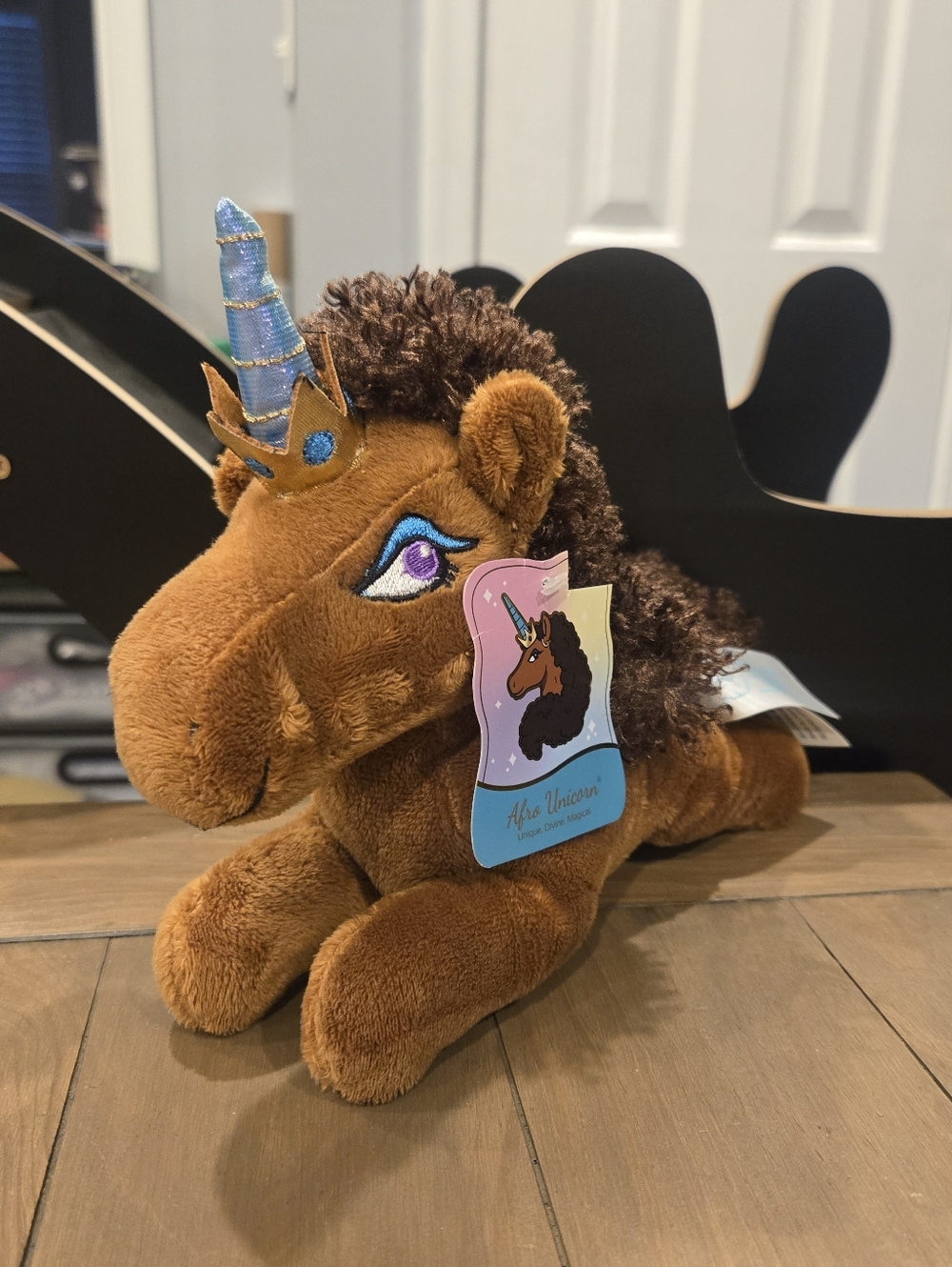 Brown Plush Afro Unicorn with Blue Horn New